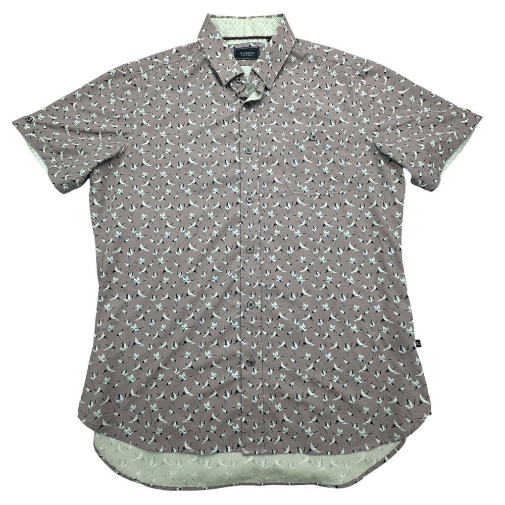 7Diamonds Shirt Mens M Crane Bird Print Short Sleeve Button Up 4-Way Stretch